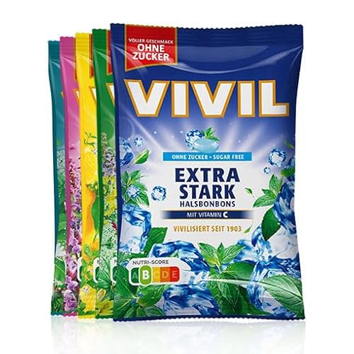 VIVIL Hals-und Hustenbonbons, 5 Beutel, Mix Kräuterbonbons mit Salbei, Eukalyptus-Menthol, Kräuter Mint, Zitronenmelisse und Extra Stark, zuckerfrei, vegan & glutenfrei, 5 x 120g von Vivil