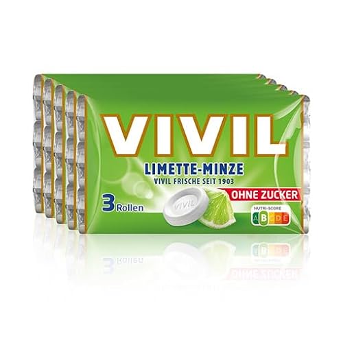 VIVIL Rollen Limette-Minze, 5 x 3er Pack, fruchtige Pastillen mit Limettengeschmack, zuckerfrei & vegan, 15 x 28g von Vivil