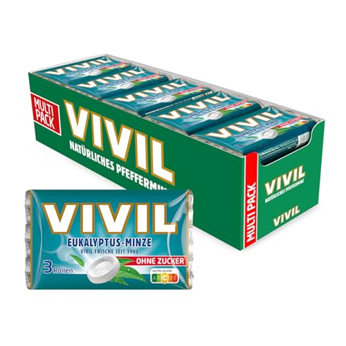 VIVIL Rollen Eukalyptus-Minze, 20 x 3er Pack, starke Pastillen mit Eukalyptusgeschmack, zuckerfrei & vegan, 60 x 28g von Vivil