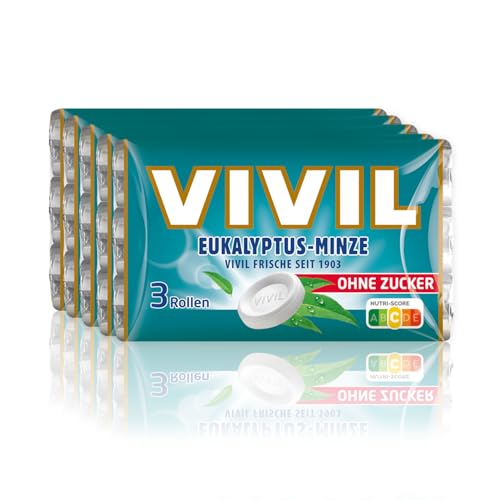 VIVIL Rollen Eukalyptus-Minze, 5 x 3er Pack, starke Pastillen mit Eukalyptusgeschmack, zuckerfrei & vegan, 15 x 28g von Vivil