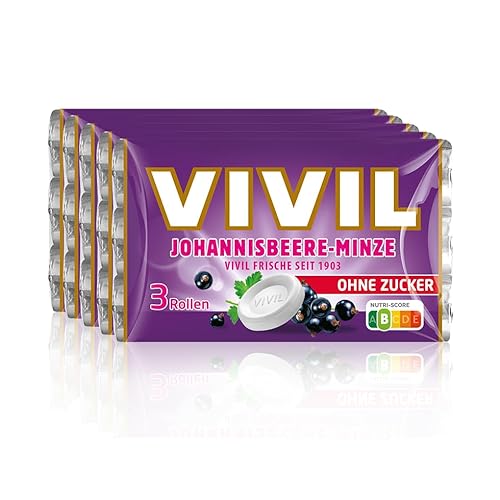 VIVIL Rollen Johannisbeere-Minze, 5 x 3er Pack, fruchtige Pastillen mit Johannisbeeregeschmack, zuckerfrei & vegan, 15 x 28g von Vivil