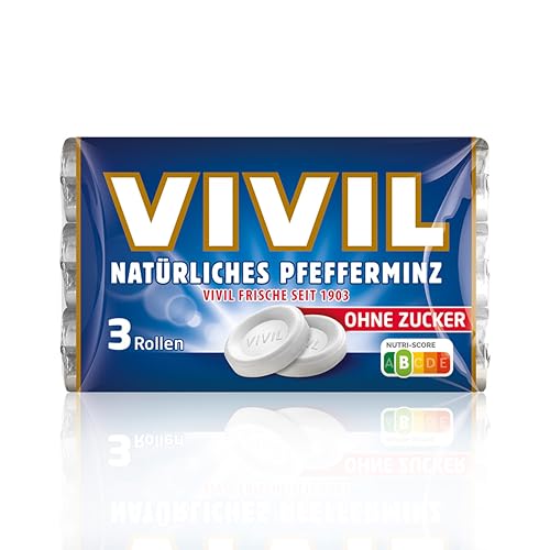 VIVIL Rollen Natürliches Pfefferminz ohne Zucker, 3er Pack, frische Pastillen mit Pfefferminzgeschmack, zuckerfrei & vegan, 3 x 28g von Vivil