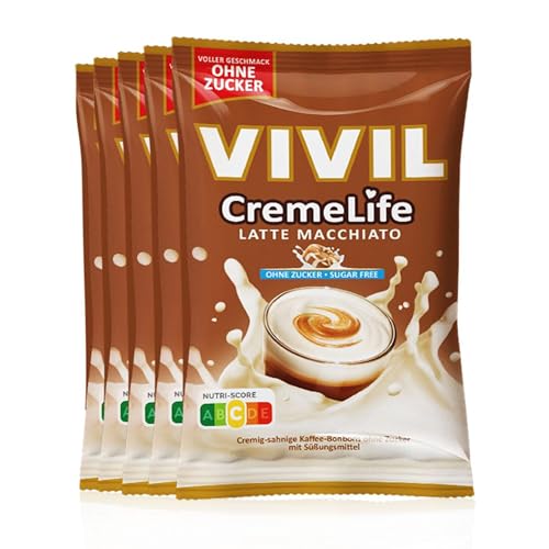 Vivil Creme Life Latte Macchiato, 5 Beutel, kräftige Sahnebonbons mit Kaffeegeschmack, zuckerfrei & glutenfrei, 5 x 110g von Vivil