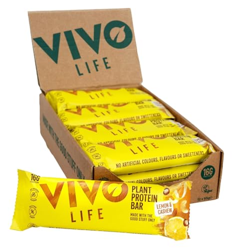 Vivo life Pflanzenprotein-Riegel - Hoher Proteingehalt, hohe Nährstoffdichte, langsame Energiefreisetzung - 12 x 65g Packung (Zitrone und Cashew) von Vivo life