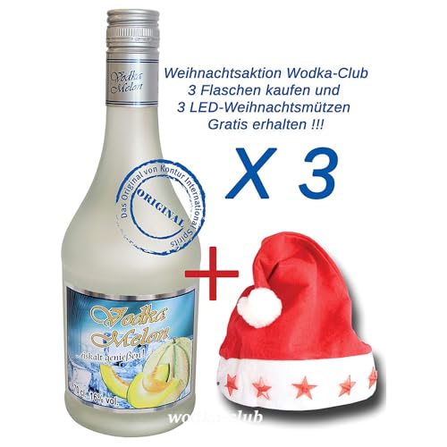 3 x Vodka Melon 0,7Liter 16% vol. mit 3 Weihnachtsmützen von Vodka Melon