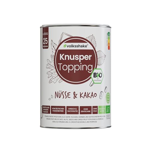 BIO Knusper Topping Nüsse & Kakao | Crunchy | DE-ÖKO-006 | Ohne Süßungsmittel | Rein pflanzlich | Glutenfrei | Sojafrei | Vegan | Premiumqualität vom Bodensee | Made in Germany | von Volksshake