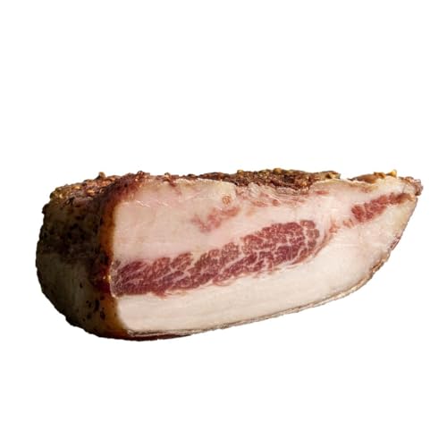 Guanciale. traditionell uftgetrockneter Backenspeck mit Pfeffer, Topseller für die Jause oder zum Kochen von Vulcano