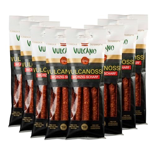 Vulcano Vulcanossi Snack, Mini Salamis zum Snacken, geräucherte Mini Wurst, 10 x 85g handlich verpackt, Idealer Snack für Unterwegs, zur Arbeit, für die Schule (Würzig-Scharf) von Vulcano