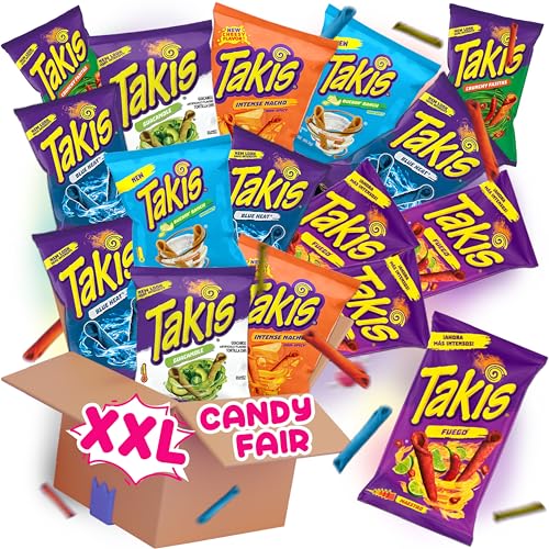 XXL Takis Chips Box - 4x Takis Blue Heat, 4x Takis Fuego, 2x Takis Buckin Ranch, 2x Takis Intense Nacho, 2x Takis Guacamole & 2x Takis Fajitas - 92,3g je Packung!- 1,5kg Große Mix Box zum sparen! von WASHYS