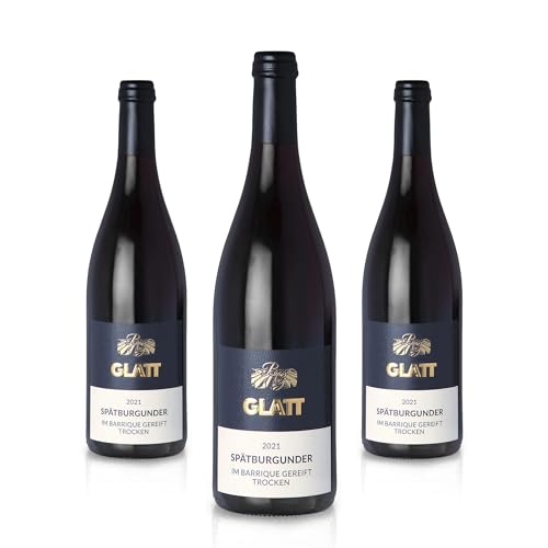 GLATT Spätburgunder Barrique trocken 2021 | Qualitätswein vom Kaiserstuhl/Baden, Deutschland | Samtig und Kräftig im Geschmack | Rotwein aus der Pinot Noir-Traube (3x 0,75L) von WBK Weinbau · Weinkontor Glatt