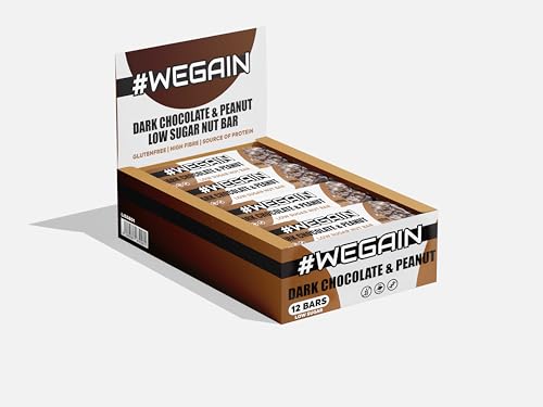 #WEGAIN Nut Bar | low Sugar Dark Chocolate & Peanut | 12 x 40g Nussriegel | Glutenfrei | nur 1,7 g Zucker pro Riegel | 7,2 g Eiweiß pro Riegel von #WEGAIN