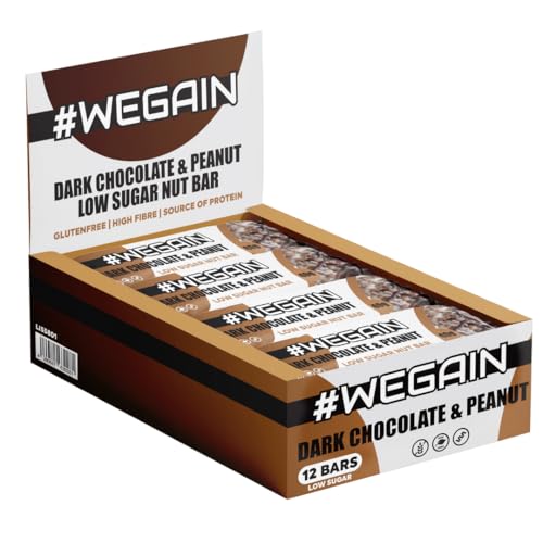 #WEGAIN Nut Bar | low Sugar Dark Chocolate & Peanut | 12 x 40g Nussriegel | Glutenfrei | nur 1,7 g Zucker pro Riegel | 7,2 g Eiweiß pro Riegel von #WEGAIN