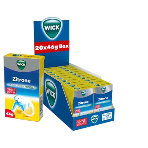 WICK Hustenbonbons Zitrone und natürliches Menthol ohne Zucker Vorratspack – Wohltuendes Hustenbonbon mit Zitronensaft und Menthol für ein tiefes Atemerlebnis – 20er Pack (20 x 46 g) von WICK