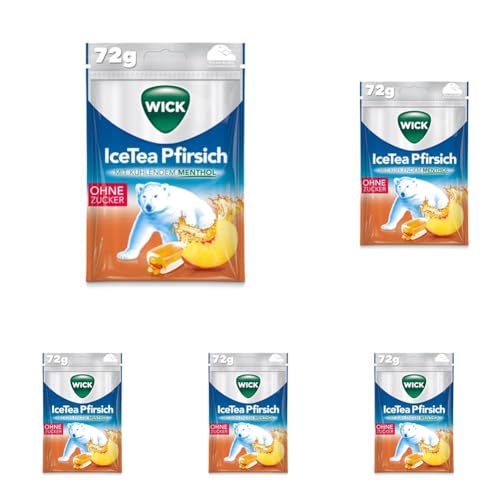 WICK IceTea Pfirsich Hustenbonbons mit kühlendem Menthol und Mate-Extrakt, ohne Zucker - 5er Pack (1 x 72 g) von WICK