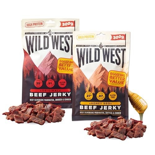 Wild West Beef Jerky, high Protein Trockenfleisch Bundle, Beef Jerky Protein Snack, 300g Honey BBQ & 300g Orginal, Rinderdörrfleisch von WILD WEST