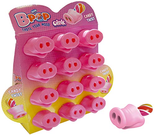 WOM Oink, Lollipop Schnuller in form con einer Schweinnase, Mehrfarbig Lutscher mit Erdbeergeschmack, Display von 12 Einheiten von 15 gr. Karamell von WOM