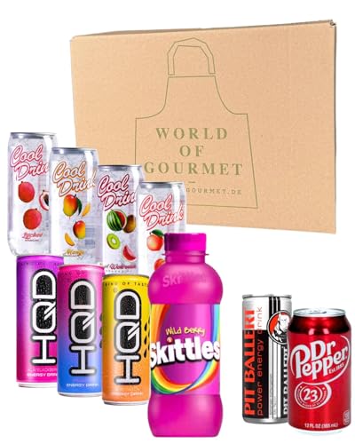 Getränkebox mit Cool Drink, Pit Ballert Energy Drink, HQD Energy Drink + Dr Pepper Original USA und Skittles Original Drink oder Wild Berry Gratis,Mischbox, Probierpaket, Getränkepaket incl. Pfand von WORLD OF GOURMET WORLDOFGOURMET.DE