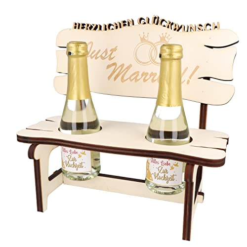 XXL Echtholz Proseccobank mit Gravur Just Married|Holzbank mit 2 Proseccoflaschen| Hochzeitsgeschenk für Brautpaar|Trinkspruch |Geschenke Paare|Geschenk für Pärchen|Geburtstag|Jubiläum Proseccobank von WORTGEFECHTE