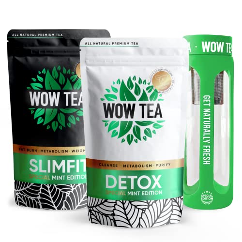 WOW TEA - Bauch Tees Box - Detox-Tee für die Gewichtsabnahme und Bauchfett | Bauch Blähungen Relief Formel mit Pfefferminze, Natural Green Tea, Yerba Mate, Löwenzahn-Wurzel, Eco Bottle 550ml, 300g von WOW TEA