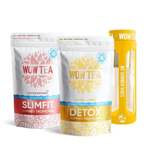 WOW TEA Sommer Schnell wirkender und Diät-Tees : Sommer Detox 21-Tage Tee | Sommer-Schlankheitstee | Reinigungsset mit exotischem Kräutertee & Infuser-Flasche | 300g, 550ml, Made in EU von WOW TEA