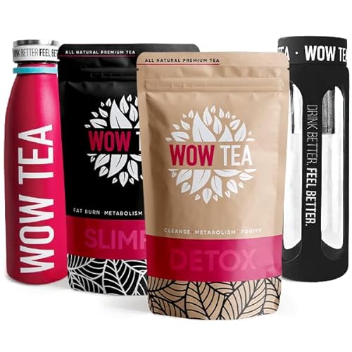 WOW TEA: BioFit Aktiv-Box - SlimFit, Detox Tee, Thermoskanne – Rosa und Teeflasche mit Sieb Schwarz, 300 g von WOW TEA