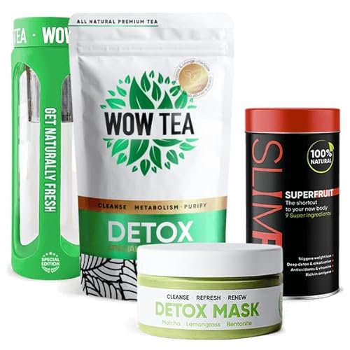 WOW TEA: Entgiftungsmaske, Minz-Entgiftungstee, Grünteeflasche und Slimfit Superfruit von WOW TEA