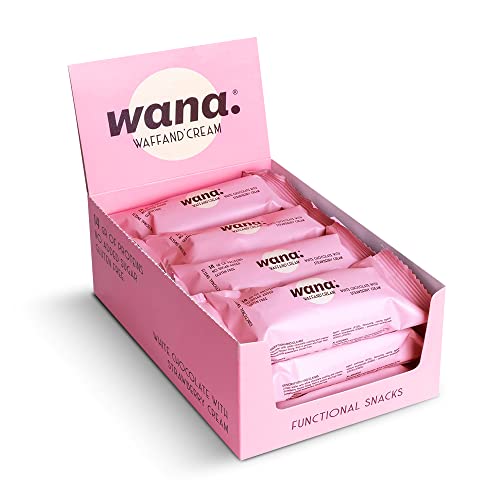 WANA Protein-Riegel Weisse Schokolade mit Erdbeer-Creme-Füllung 1 x 12er Box - Protein Snack mit 33% Eiweiß und nur 2,1 g Zucker pro Eiweißriegel. Der Waffel Riegel - Glutenfrei von WaNa