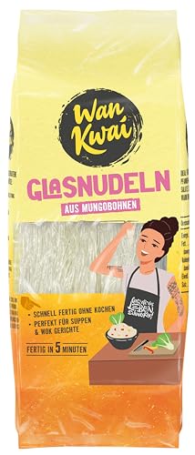 Wan Kwai Glasnudeln 100g – Asiatische Vielfalt für Genießer! Glutenfrei, aus Mungobohnenstärke & Wasser. Ideal für Suppen, Wok- und Pfannengerichte sowie Salate. Zarte Textur, in 5 Minuten fertig. von Wan Kwai