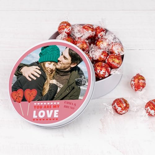 Wanapix | Blechdose mit Pralinen | Personalisierte mit Foto und Text | Mit 22 Pralinen Lindt | Originelles Geschenk zum Valentinstag | 5x12 cm (850 ml) - Herz von Wanapix