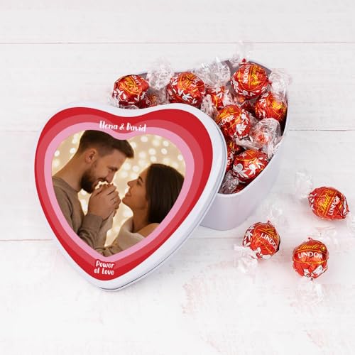 Wanapix | Herzf Blechdose mit Pralinen | Personalisierte mit Foto und Text | Mit 22 Pralinen Lindt | Originelles Geschenk zum Valentinstag |16x15x5 cm (800 ml) - Liebhaber von Wanapix