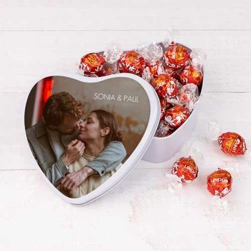 Wanapix | Herzf Blechdose mit Pralinen | Personalisierte mit Foto und Text | Mit 22 Pralinen Lindt | Originelles Geschenk zum Valentinstag |16x15x5 cm (800 ml) von Wanapix