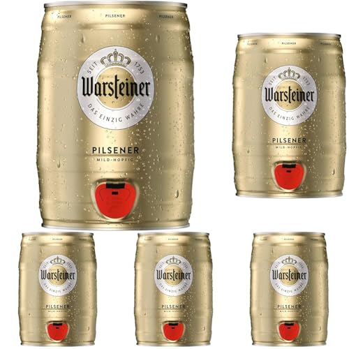 Warsteiner Premium Pilsener 5 L Bierfass mit Zapfhahn, Partyfass, Pfandfrei (1 x 5 l Partyfass) (Packung mit 5) von Warsteiner