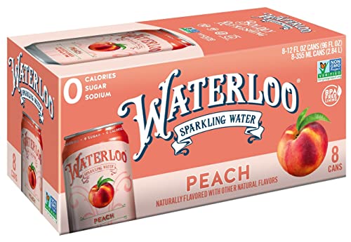 Waterloo Pfirsich-Sprudelwasser – Bio – 8 Packungen x 355 ml – 0 Zucker, 0 Kalorien, 0 Natrium, gentechnikfrei, glutenfrei, BPA-frei, vegan, ganze 30, koscher, kein künstlicher Süßstoff, Soda und von Waterloo Sparkling Water