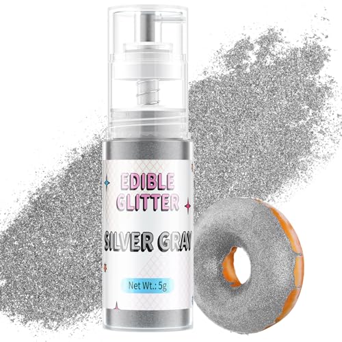 Essbarer Glitzer Spray Silbergrau, Waysroma Lebensmittel Glitzer für Getränke Goldpuder Essbar für Backen, Erdbeeren, Cupcakes, Osterkuchen, Fondant, Cocktails, Schokolade (5g) von Waysroma