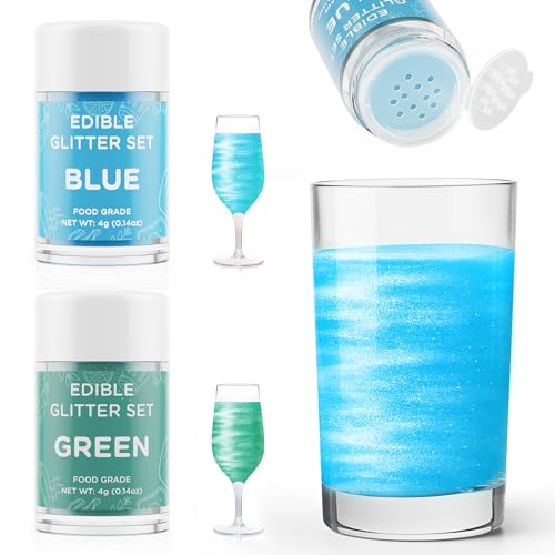 Essbarer Glitzer für Getränke Blau und Grün, Waysroma 2 Farben Glitzerpulver set geschmacklos Glitzer Trinkbares Glitzerpuder für Likör, Cocktails, Sekt, Wein, Champagner, Kuchen (4g) von Waysroma