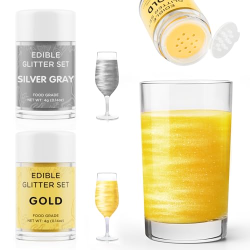 Essbarer Glitzer für Getränke Gold und Silbergrau, Waysroma 2 Farben Glitzerpulver set geschmacklos Glitzer Trinkbares Glitzerpuder für Likör, Cocktails, Wein, Champagner, Osterkuchen (4g) von Waysroma