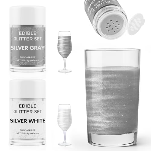 Essbarer Glitzer für Getränke Silbergrau und Silberweiß, Waysroma 2 Farben Glitzerpulver set geschmacklos Glitzer Trinkbares Glitzerpuder für Likör, Cocktails, Champagner, Osterkuchen (4g) von Waysroma