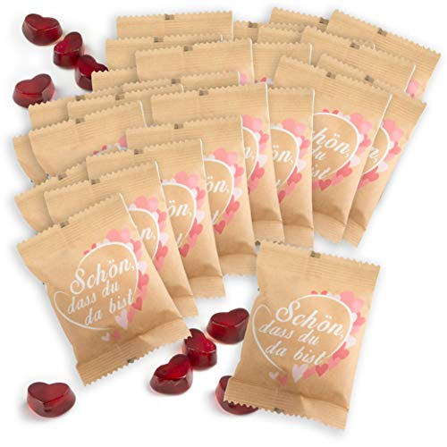 FOOD crew Fruchtgummi Herzen „Schön, dass du da bist“ 25 x 10 g - Herz Gummibärchen - Als Gastgeschenke Hochzeit Süßigkeiten - Schön dass du da bist Gastgeschenk - Hochzeit Gastgeschenk von WeddingTree