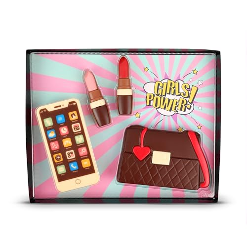 Weibler Geschenkpackung Girl Set, Schokoladenfiguren Handy, Lippenstifte & Handtasche – 135g Edelvollmilch-Schokolade, Kreatives Schokoladen-Geschenk für Weihnachten, Geburtstag & Muttertag von Weibler