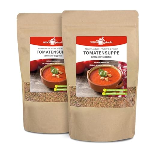 WEICHGEKOCHT Pikante Tomatensuppe 500g - das Sattmacher-Süppchen, sättigend durch Glucomannan, Tomatig, fruchtig & lecker, 50 Portionen a 20 gr, ohne Geschmacksverstärker, Farbstoffe & Glutamat von Weich gekocht