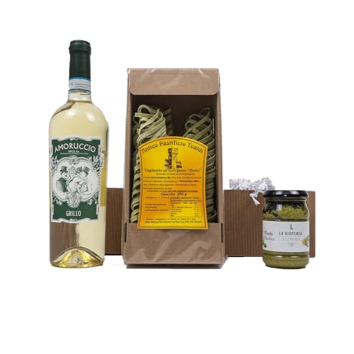 The Wine Guys Weinpräsent Präsentkorb „Pesto e Vino“ mit italienischen Spezialitäten: Italienischer Feinkost und Weißwein (1 x 0,75 l, 13,5% vol.) NV trocken (1 x 0.75 l) von The Wine Guys