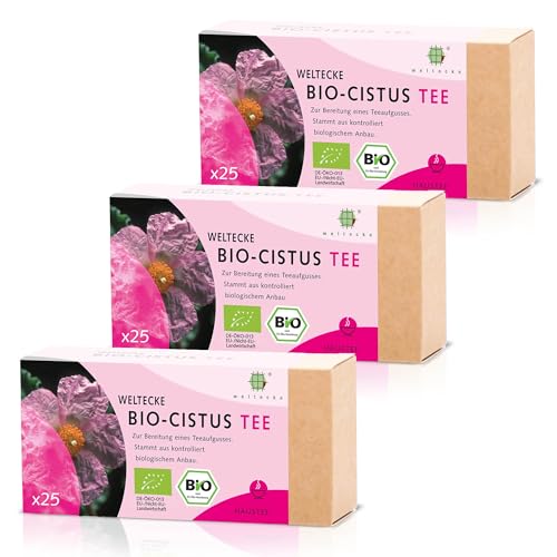 Weltecke Bio-Zistrosen-Tee | 3x 25 Teebeutel frisch in Deutschland abgefüllt | Aromatisch-herber Kräuter-Tee von der Zistrose | Natürlich vegan | Ohne künstliche Aromen & Zucker | Cistus Incanus von Weltecke