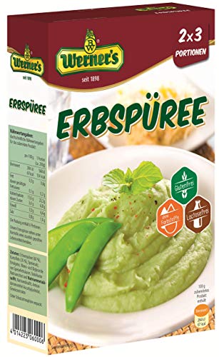 Werner´s Erbspüree 2x3 Portionen, 8 Packungen im Karton, Glutenfrei, laktosefrei, ohne Farbstoffe. Portion (ca. 200 g) entspricht 136,2 kcal Mikrowellengeeignet. Packungsinhalt: 2 x 3 Portionen, von Werner´s