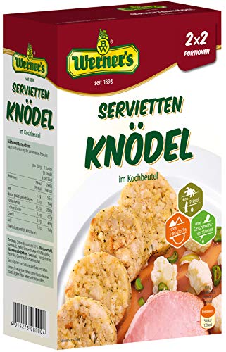 Werner´s Serviettenknödel im Kochbeutel 2x2 Portionen, 6 Packungen/Karton, ohne Farbstoffe, ohne Geschmacksverstärker. 1 Portion (ca. 135 g) entspricht 210 kcal von Werner´s