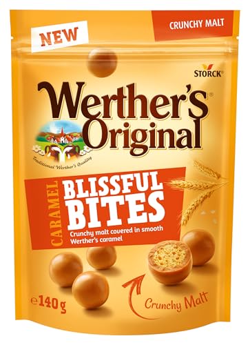 Werther’s Original Blissful Caramel Bites Crunchy – Knusprig-luftige Kugeln mit Malz umhüllt von sanft-cremigem Werther’s Karamell – 1 x 140g (Packung mit 10) von Werther's Original