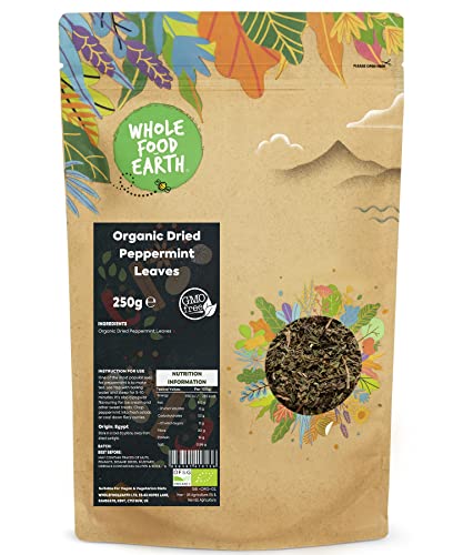 Bio getrocknete Pfefferminzblätter, 250 g, vegan, gentechnikfrei, zertifiziert biologisch von Wholefood Earth