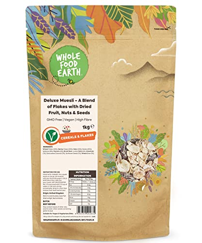 Wholefood Earth Deluxe Muesli - A Blend of Flakes with Dried Fruit, Nuts and Seeds 1 kg | GMO Free | High Fibre von Wholefood Earth