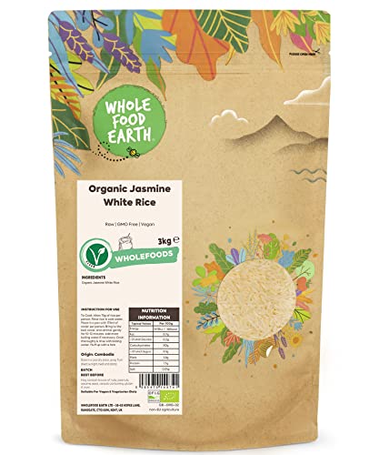 Wholefood Earth Organic Jasmine White Rice 3kg Raw | GMO Free | Vegan | Source of Fibre | Certified Organic von Wholefood Earth