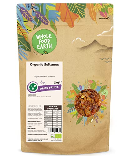 Wholefood Earth Organic Sultanas – 3kg | Vegan | GMO Free | Sundried | Certified Organic von Wholefood Earth