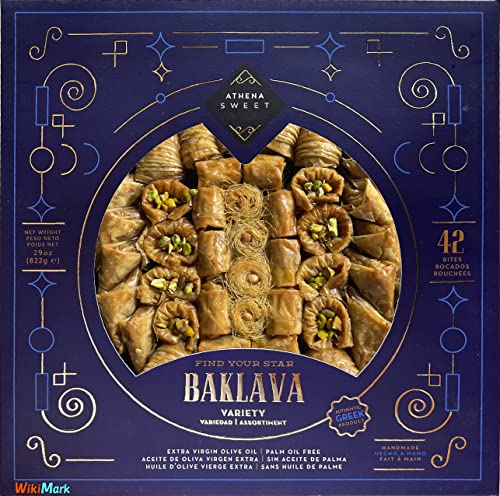 Authentisches Walnuss-Baklava in einer Schachtel. Handgefertigt. Gewicht 822 Gr. Sortiment mit 42 Häppchen. mit nativem Olivenöl extra und ohne Palmöl. von WikiMark